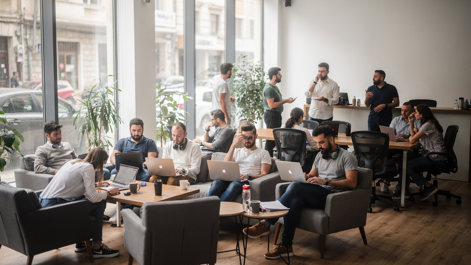 Tiran'daki M Bloc co-working space'in girişinde, dışarıdan gelen doğal ışıkla aydınlanmış bir koridorda, bir grup dijital göçebenin laptoplarıyla çalıştığı hareketli bir sahne.