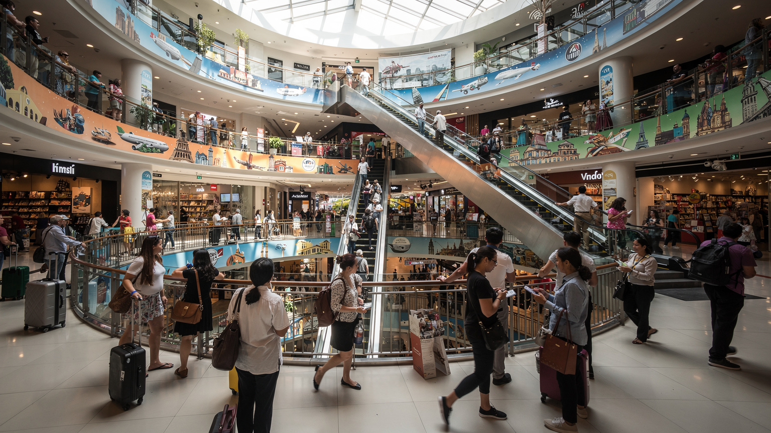 Bangkok'taki Terminal 21 alışveriş merkezinin katları arasında, insanların kalabalık içinde hareket ettiği bir anı yakalayan, geniş açılı, hareketli bir fotoğraf.