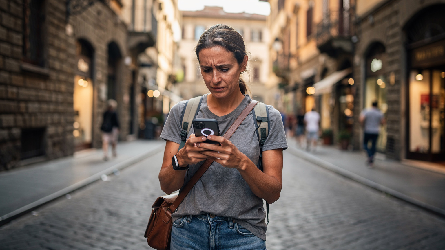 Floransa'da, Ponte Vecchio yakınlarında, bir gezgin telefonunda haritayı kontrol ederken hız kısıtlaması nedeniyle yavaş internetle mücadele ediyor. Mimari detaylar ve kalabalık bir sokak görünümü var.