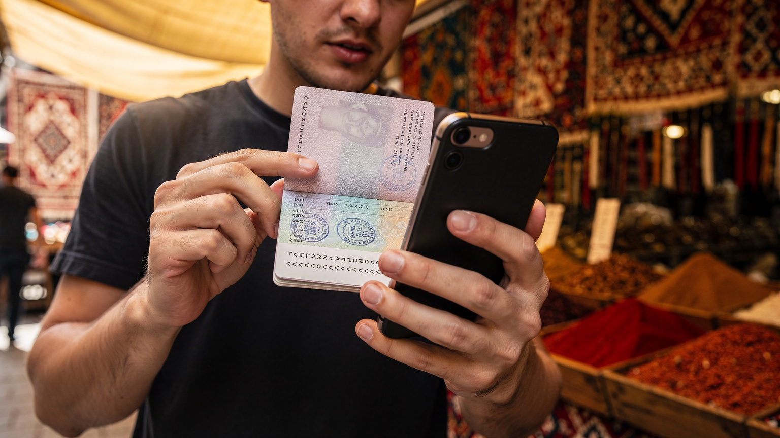 Hareketli bir sokak pazarında, elinde pasaport ve telefon tutan bir gezgin, karmaşık bir seyahat planını gözden geçirirken gergin bir ifadeyle ekranına bakıyor. Arka planda geleneksel ürünler sergileniyor.