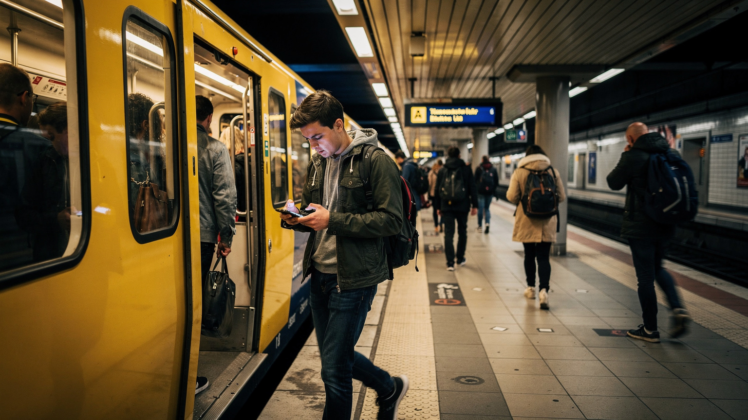 Kalabalık bir metro istasyonunda, bir genç trenden iniyor ve cebinden telefonunu çıkararak bir sonraki bağlantı rotasını kontrol ediyor. Yoğun şehir trafiği ve modern mimari arka planda.