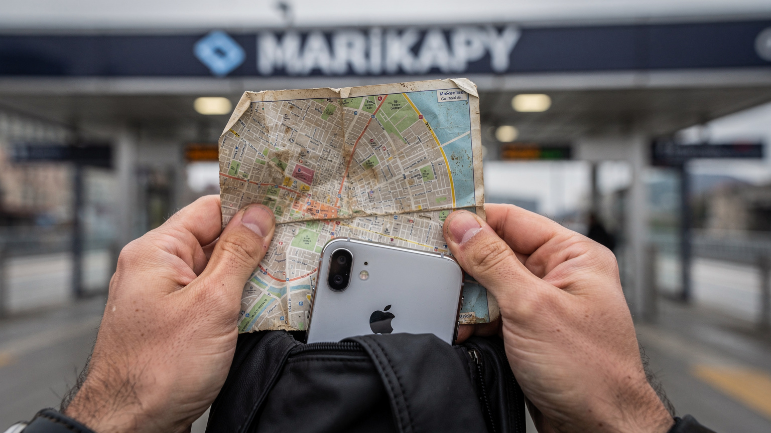 Ruky turistu držia papierovú mapu a smartfón pri vstupe do stanice metra Yenikapı v Istanbule