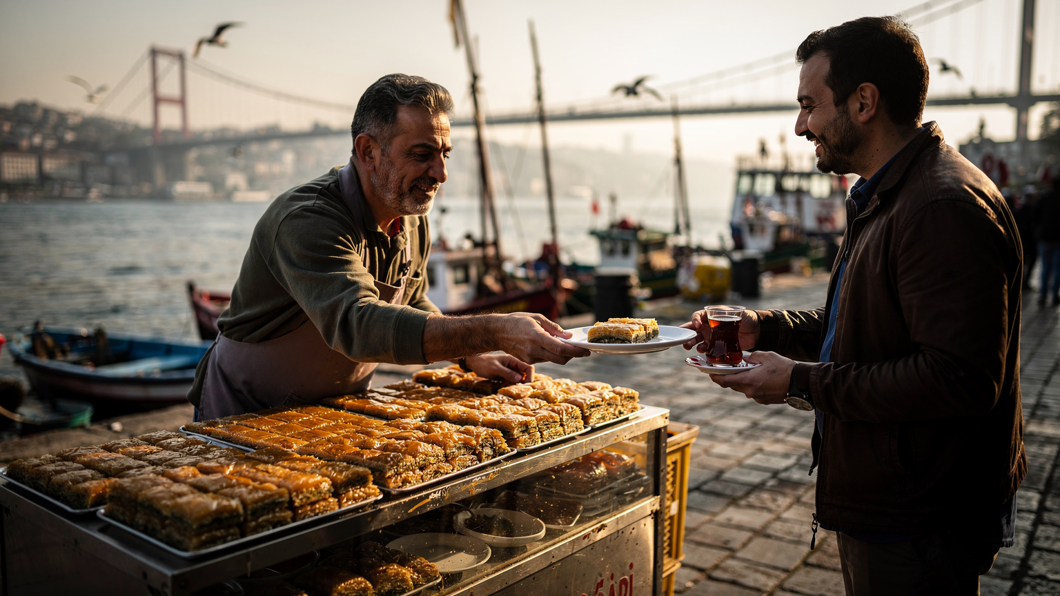Pouličný predajca v Eminönü podáva zákazníkovi tanier s baklavou a pohárom čaju, za ním rybárske lode