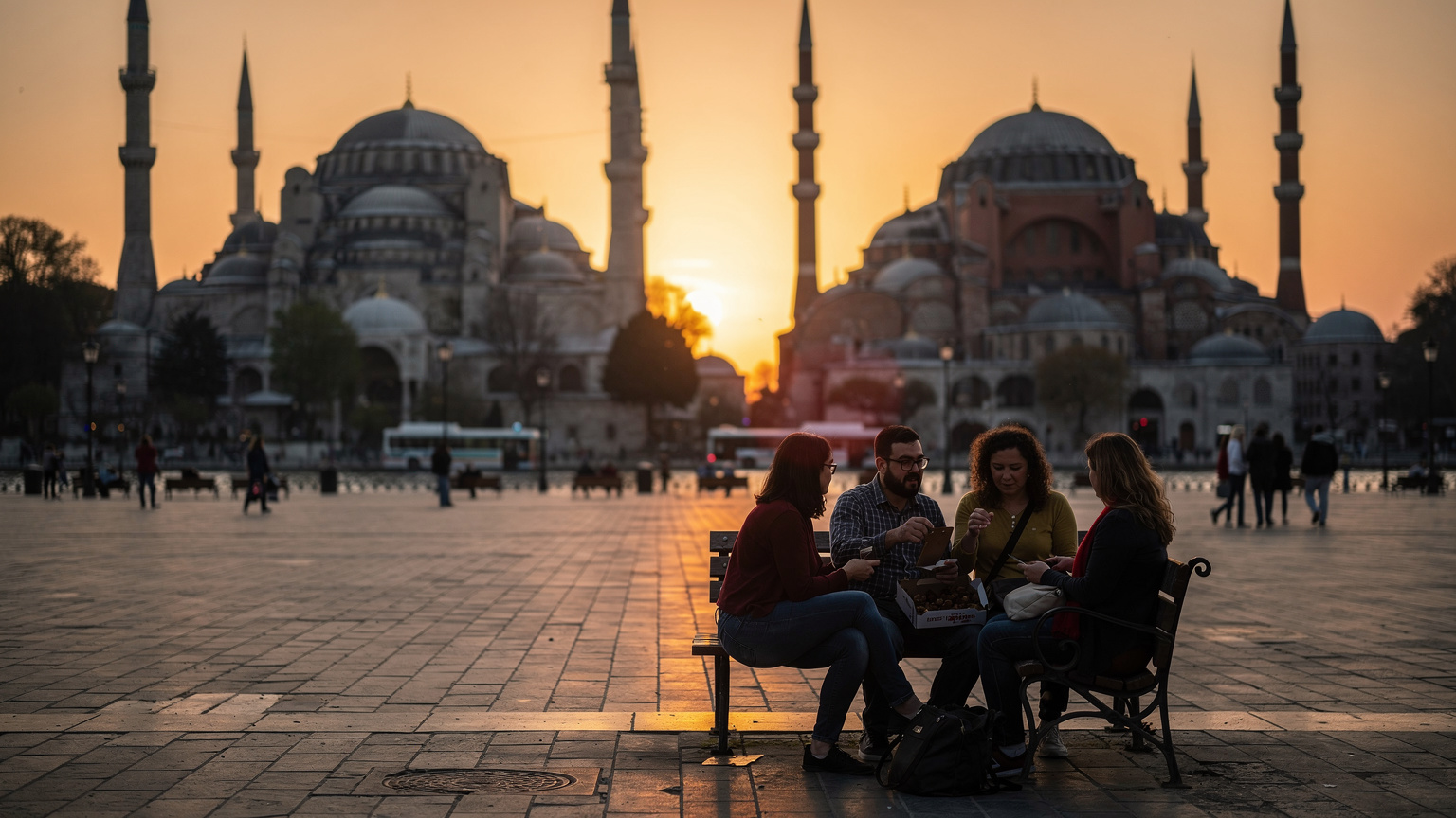 Sultanahmet mešita a mešita Hagia Sophia počas západu slnka, na námestí pár ľudí čaká na iftar, v ruke má datle