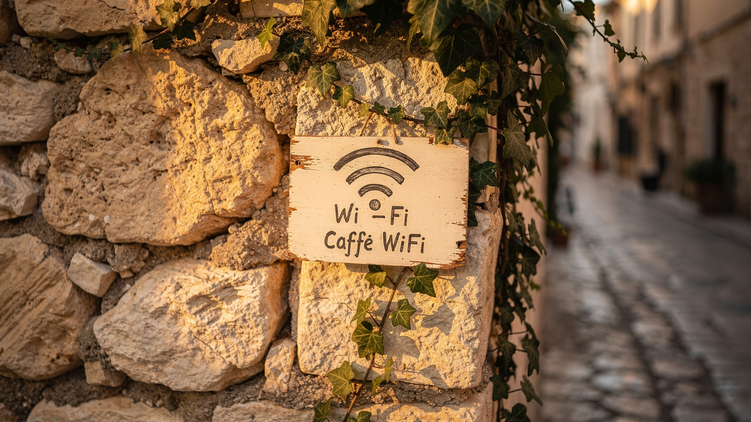 Ein kleines, handgeschriebenes Schild mit einem WLAN-Symbol und dem Netzwerknamen, aufgehängt an einer rustikalen Steinwand eines Cafés in einer engen Gasse in Süditalien.
