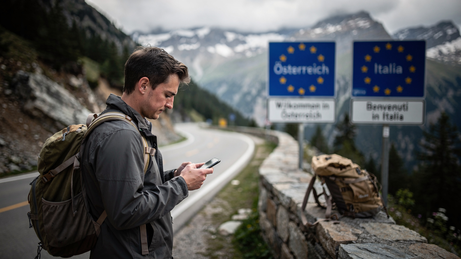 Ein Reisender schaut auf sein Handy mit einer Offline-Karte an einem ruhigen Grenzübergang in den österreichischen Alpen.