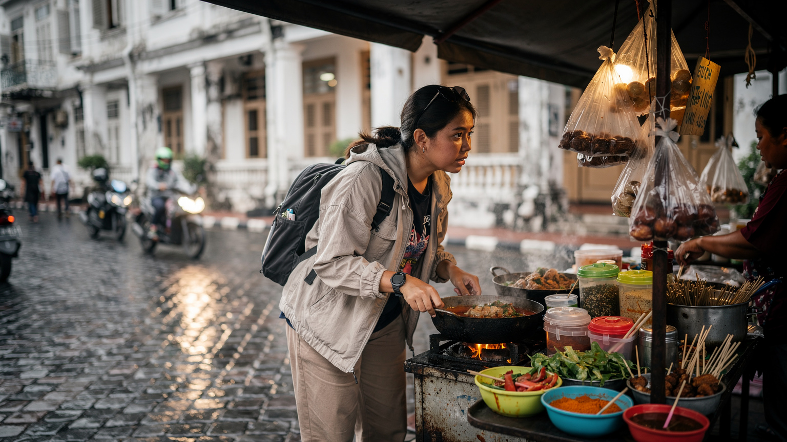 A traveler in Jakarta's Kota Tua district, looking at a local street food vendor with a curious expression, a slight drizzle on the cobblestones.