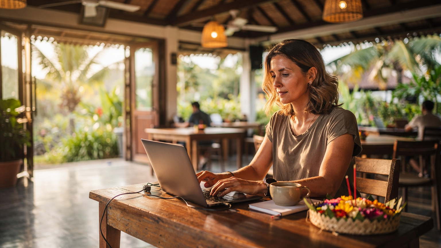 A digital nomad in a cozy coworking space in Ubud, Bali, looking intently at their laptop screen, with a traditional Balinese offering (Canang Sari) visible on the desk beside them, soft morning light.