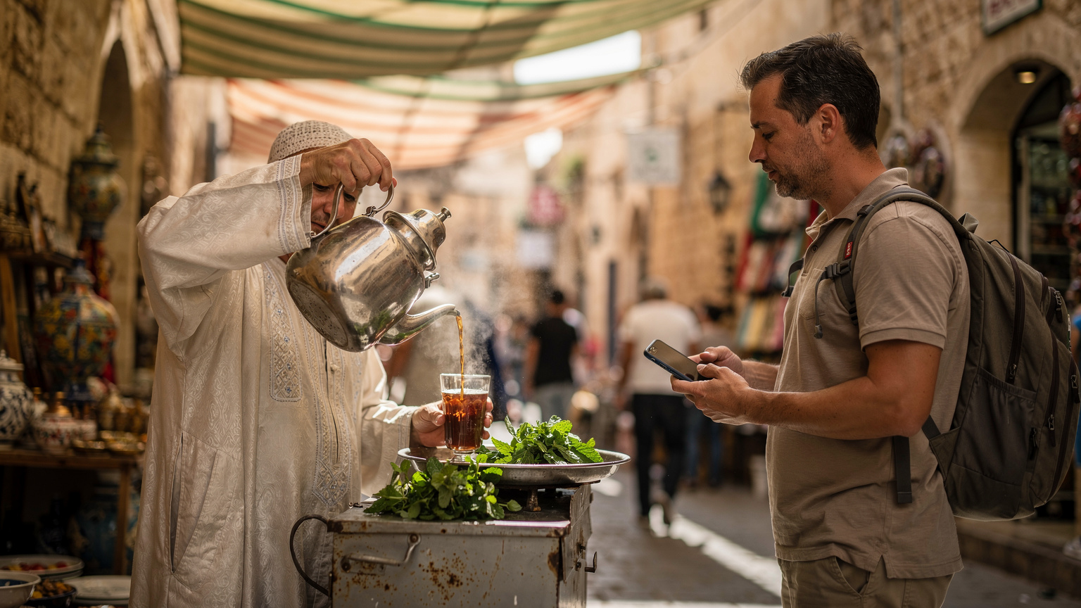 Vendeur de thé dans le souk de Sousse, un voyageur à côté consulte son téléphone pour vérifier la connexion