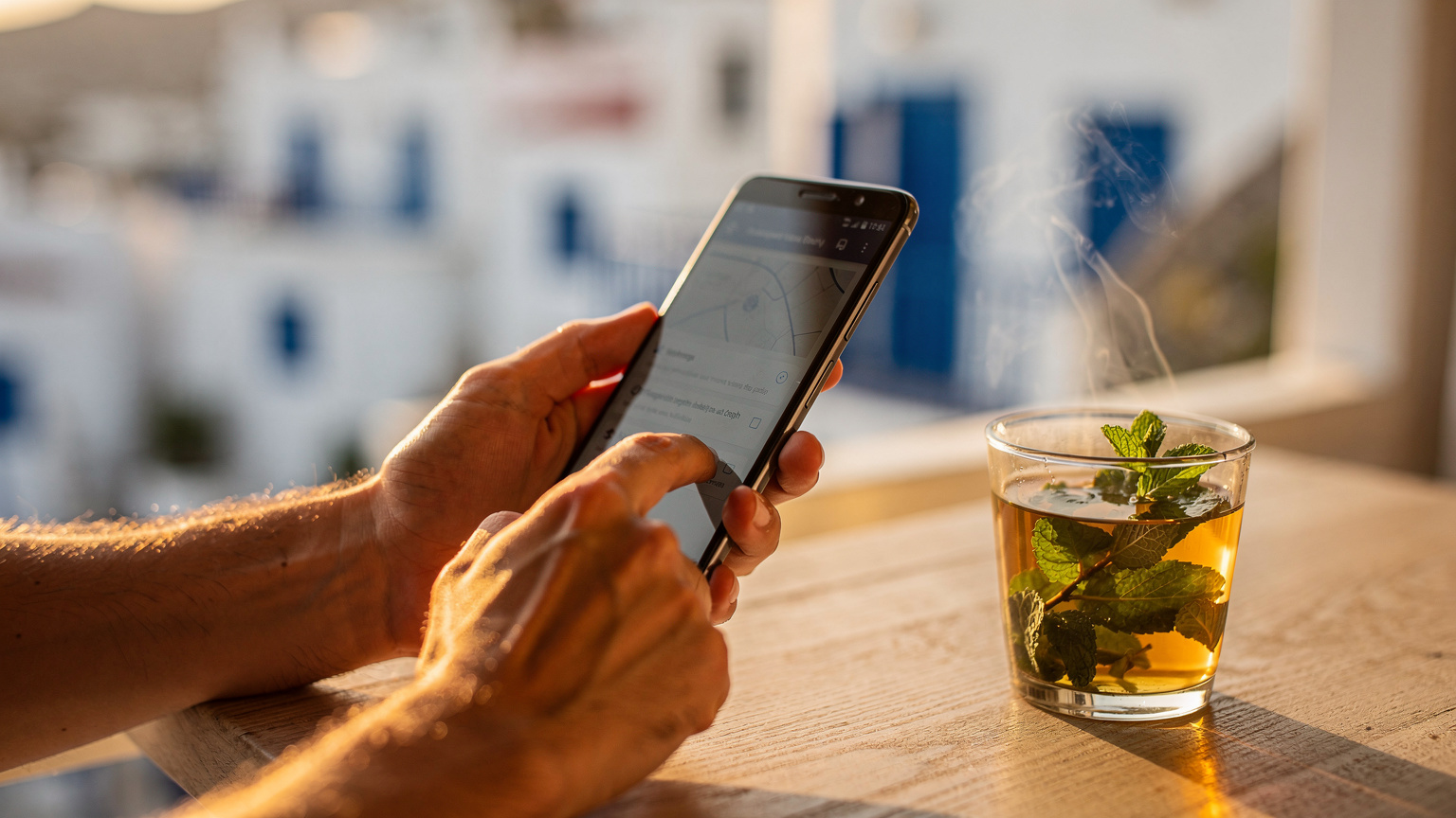 Main d'un voyageur configurant l'APN Ooredoo sur un smartphone Android, sur une table en terrasse à Sidi Bou Saïd