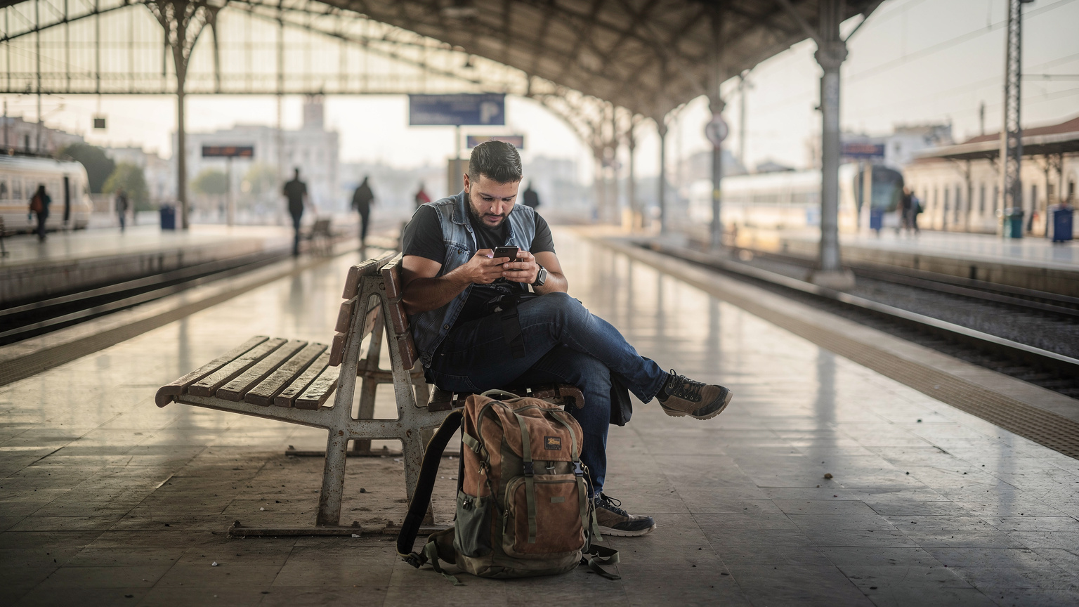 Quai de la gare de Tunis, un voyageur avec un sac à dos installe son eSIM sur un banc avant de prendre le train pour Sousse