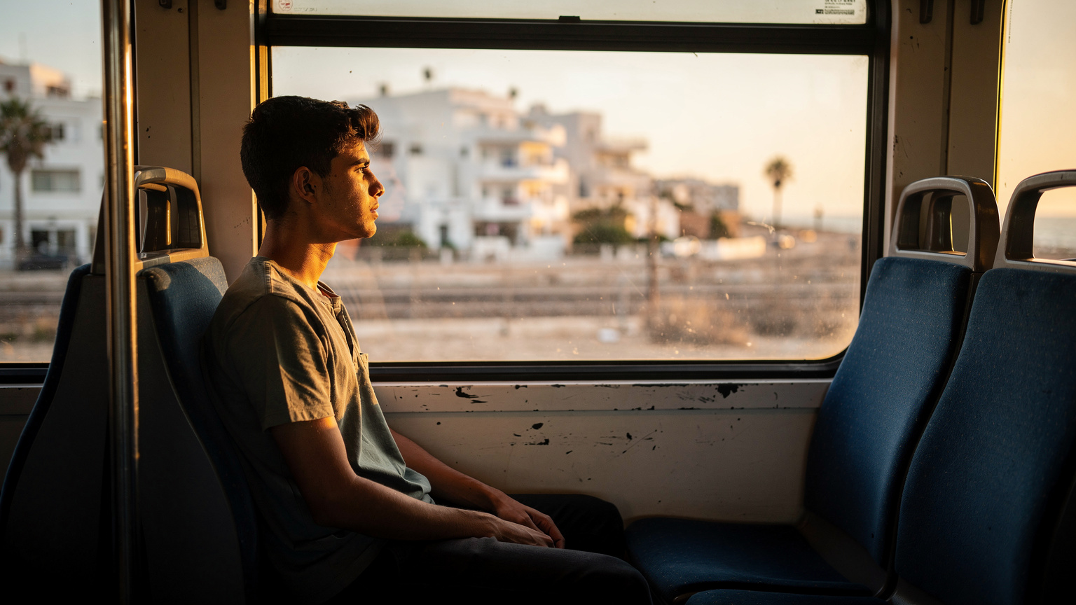 Le train TGM de Tunis à la station de la Marsa, un voyageur regarde par la fenêtre, les banlieues défilent sous un ciel dégagé