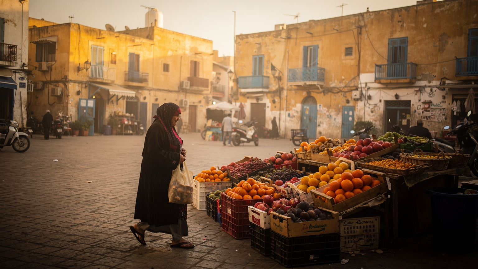 La place Halfaouine à Tunis un matin de septembre, une femme marche entre les étals, la lumière douce du matin sur les façades ocre