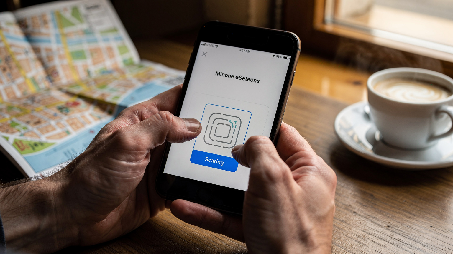 Крупeн план на ръце, държащи смартфон с отворен екран за настройка на eSIM, показващ опция за сканиране на QR код. На заден план, разфокусиран, се вижда туристическа карта на Братислава, Словакия, и чаша кафе на маса в кафене.