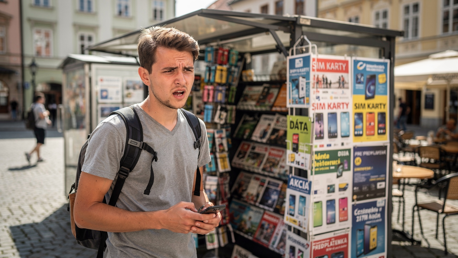 Млад мъж стои пред щанд за вестници и SIM карти на малък, оживен площад в центъра на Братислава, Словакия, гледайки объркващо множеството рекламни табели с местни оператори. Слънчева светлина огрява сцената.