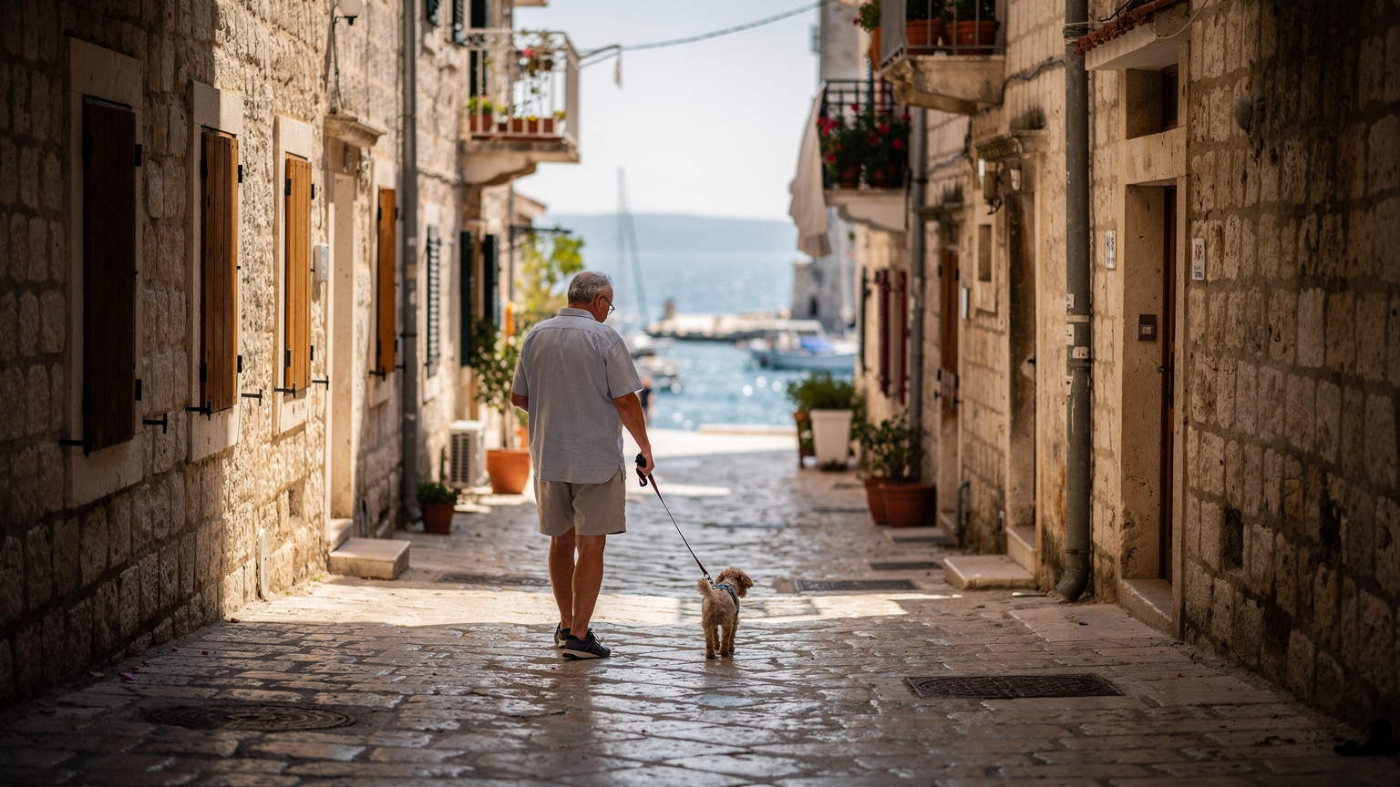 克罗地亚赫瓦尔岛（Hvar）上，一条狭窄的石板路延伸向远处，两旁是古老的石砌房屋，阳光从建筑的缝隙中洒下，一位当地居民牵着狗在路上散步，远处是波光粼粼的亚得里亚海。