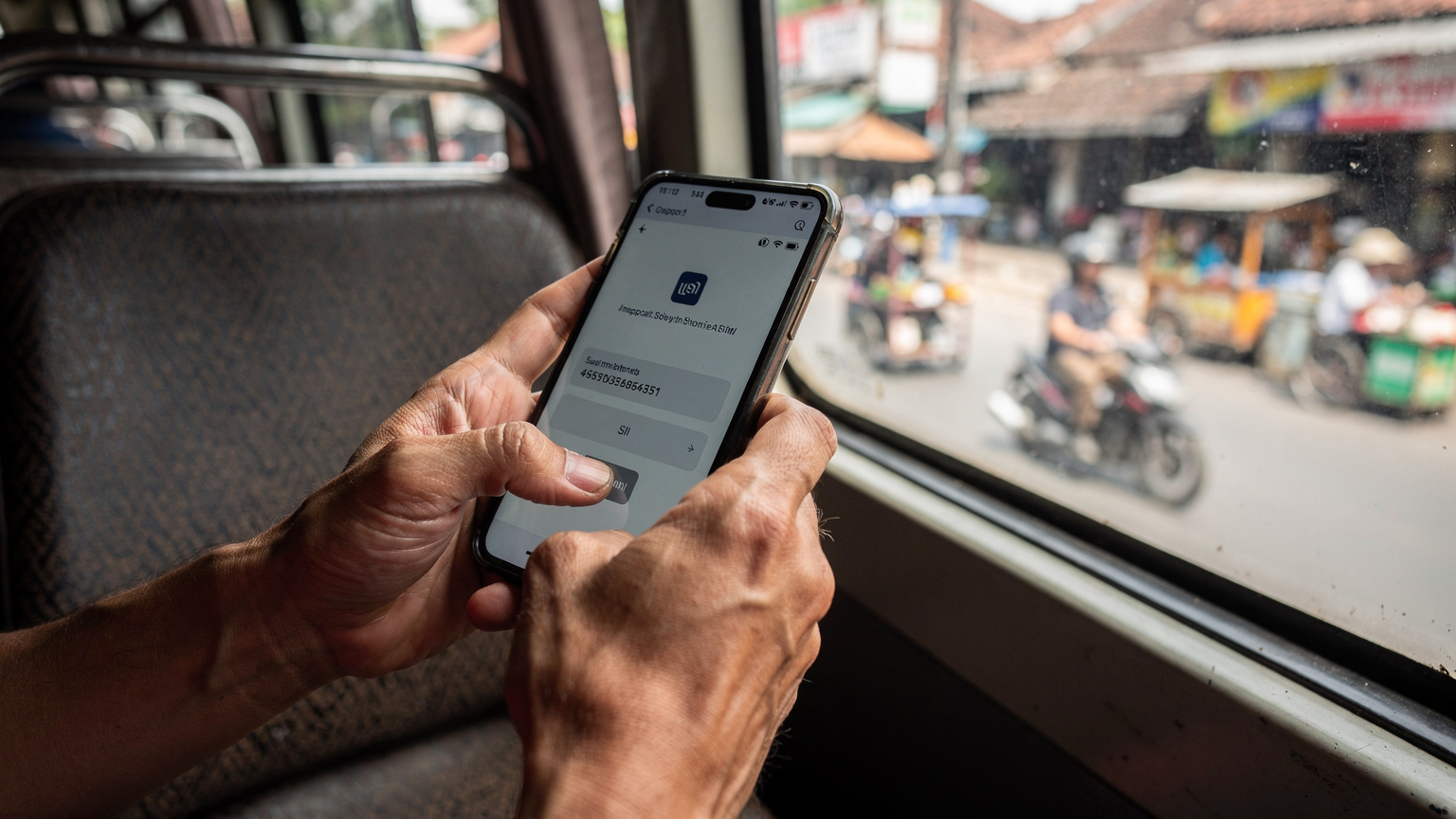Bir seyahatçi, Cakarta'nın kalabalık caddelerinden birinde, hareket halindeki bir otobüsün penceresinden dışarı bakarken telefonunda bir eSIM QR kodunu manuel olarak giriyor.