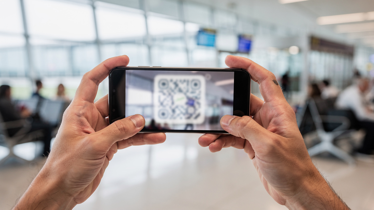 A traveler's hands are seen holding a smartphone, with a blurred QR code visible on the screen, ready to be scanned. The background is a soft-focus image of a bustling but orderly airport gate area, with people sitting and waiting.