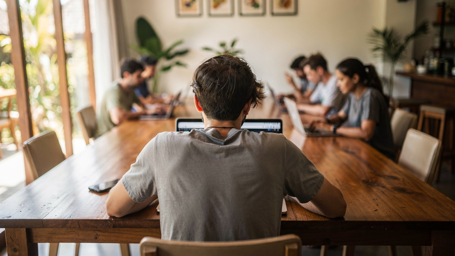 A digital nomad works on a laptop at a long wooden communal table inside the modern co-working space Dojo Bali in Canggu, surrounded by other focused individuals. Natural light streams in from large windows, illuminating the rustic-chic interior.