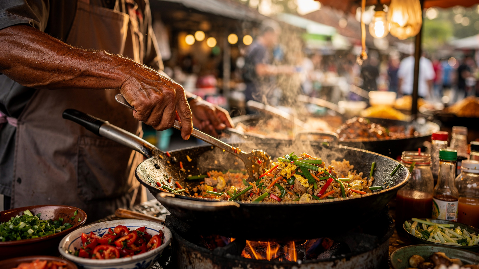 A close-up, eye-level shot of a street food vendor in Ubud, Bali, meticulously preparing Nasi Goreng over a wok. The steam rises, ingredients are colorful, and the vendor's hands are in motion. Background is blurred with market activity.