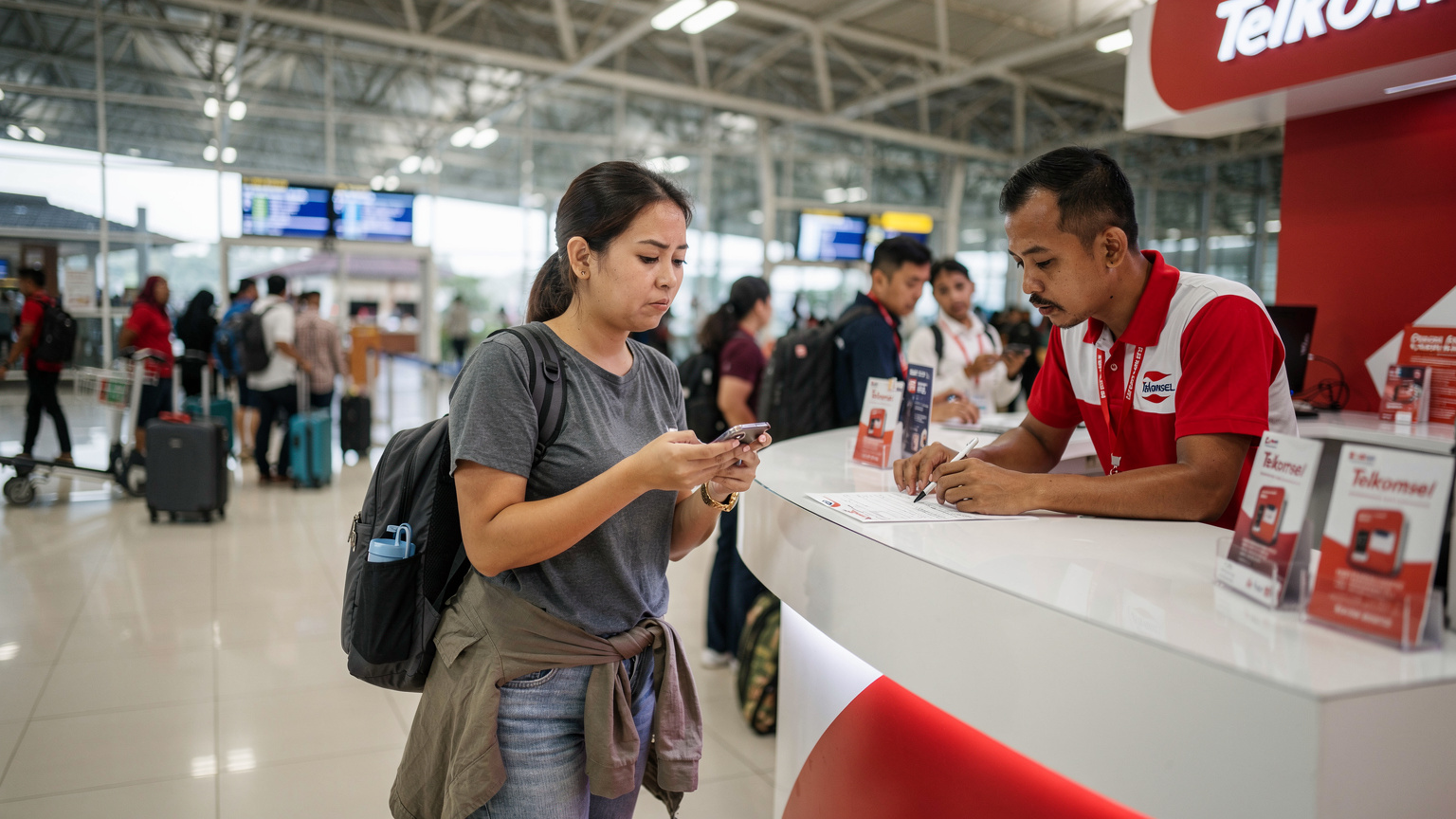 A traveler attempts to activate an eSIM at a bustling Telkomsel kiosk inside Ngurah Rai International Airport (DPS) in Denpasar, Bali.