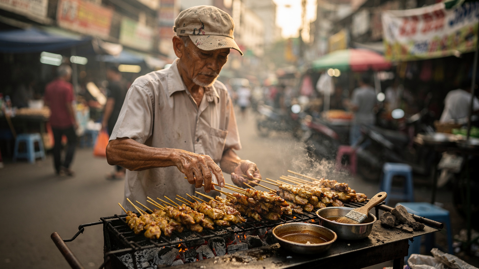 A street food vendor in Jakarta's Glodok district, preparing satay skewers over a charcoal grill, with a vibrant market scene in the background.