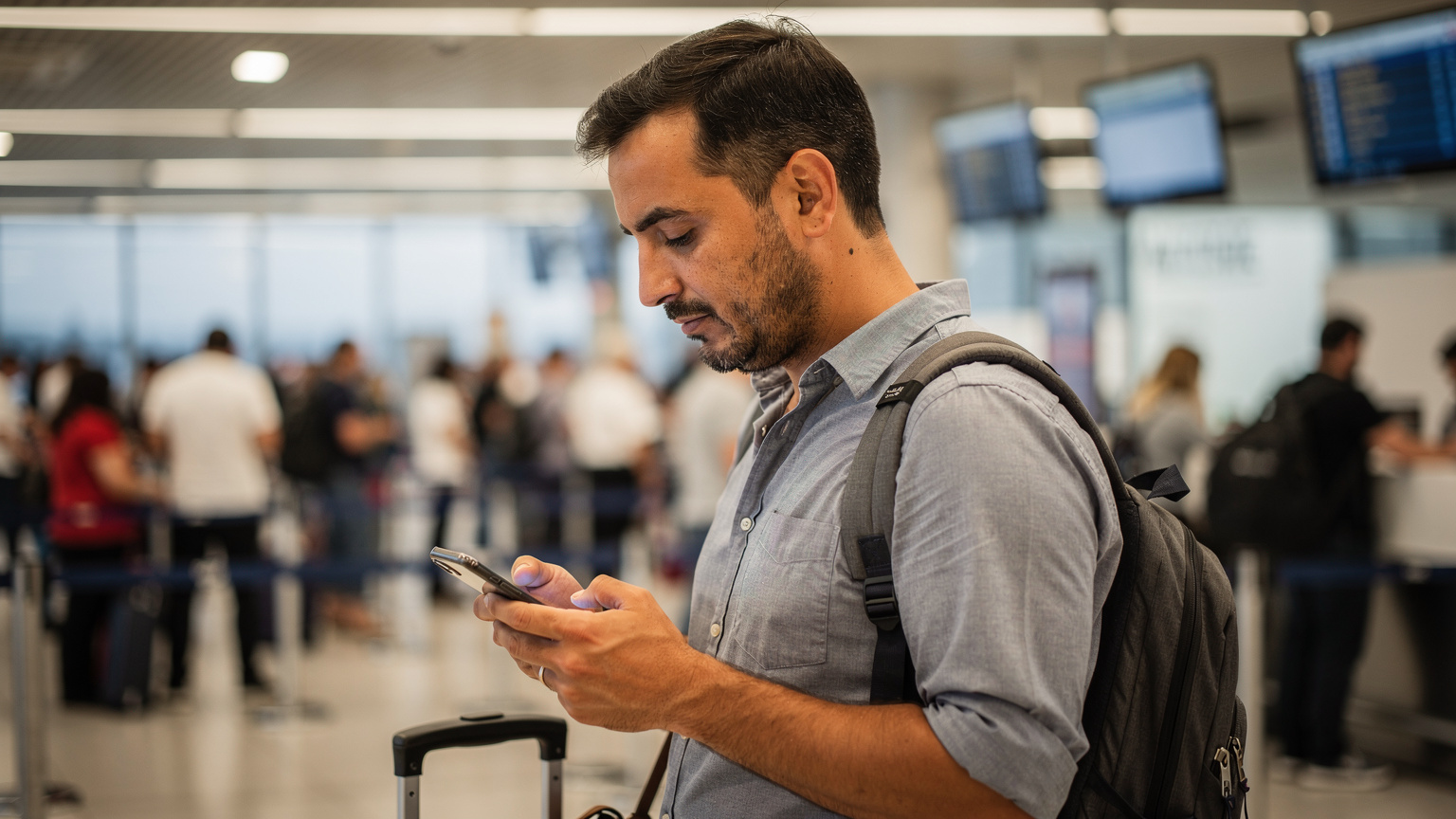 Antalya Havalimanı dış hatlar terminalinde, bir yolcunun pasaport kontrolünden geçmek için sırada beklerken elindeki akıllı telefona kısa bir an baktığı an.