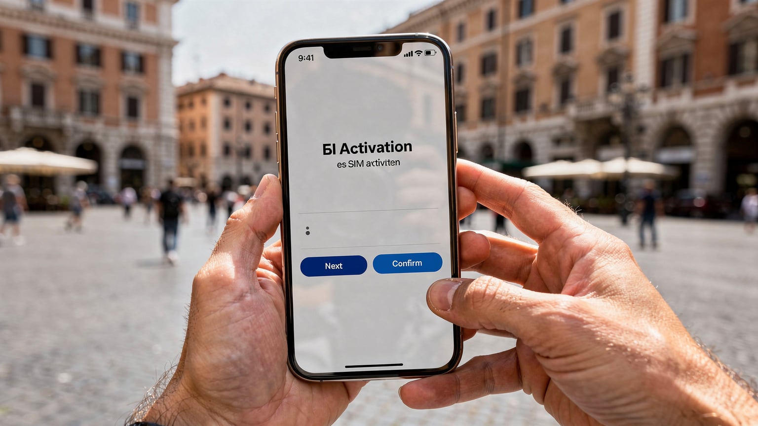 Bir seyyahın elinde tuttuğu akıllı telefon ekranında, yeni bir eSIM profilini etkinleştirme adımlarının gösterildiği bir uygulama arayüzü. Arka planda hareketli bir şehir meydanı.