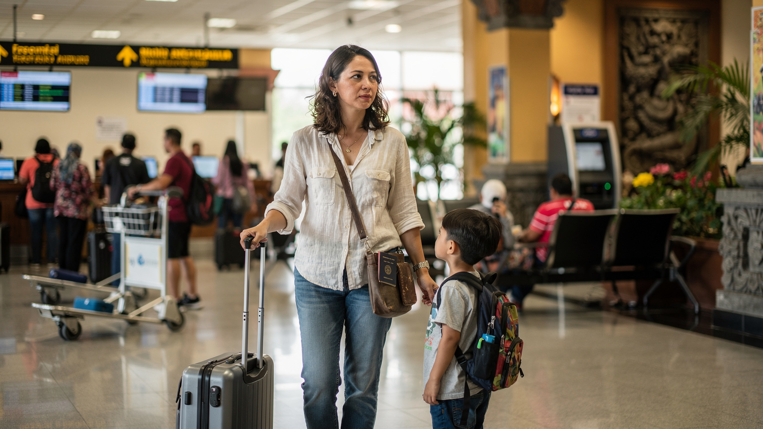 A traveler navigating the bustling arrival hall of Ngurah Rai International Airport in Denpasar, Bali, with luggage and a child in tow, looking for a local SIM card vendor.