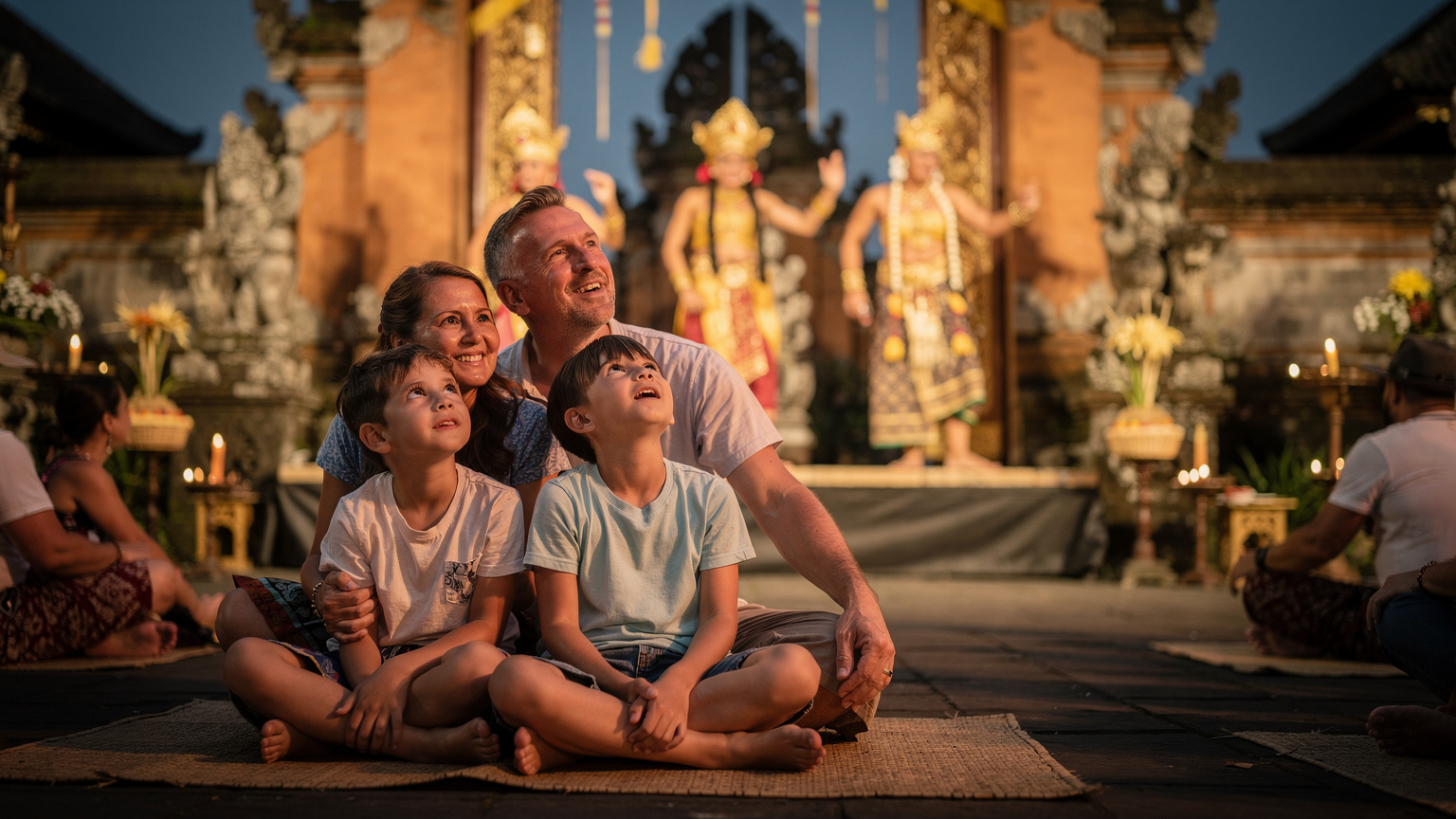 A family enjoying a traditional Balinese dance performance at the Ubud Palace, with vibrant costumes and intricate movements, in the soft glow of evening lighting.