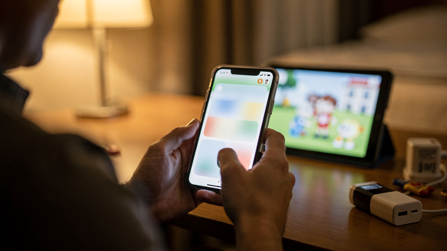 Yurt dışı tatilinde bir otel odasında, ebeveynin akıllı telefonuyla çocuğun tabletinin ekran sürelerini kontrol ettiği anın yakın çekimi. Telefon ekranında ebeveyn kontrolü arayüzü belirginken, tablet ekranında bir çizgi film duraklatılmış halde görünüyor.