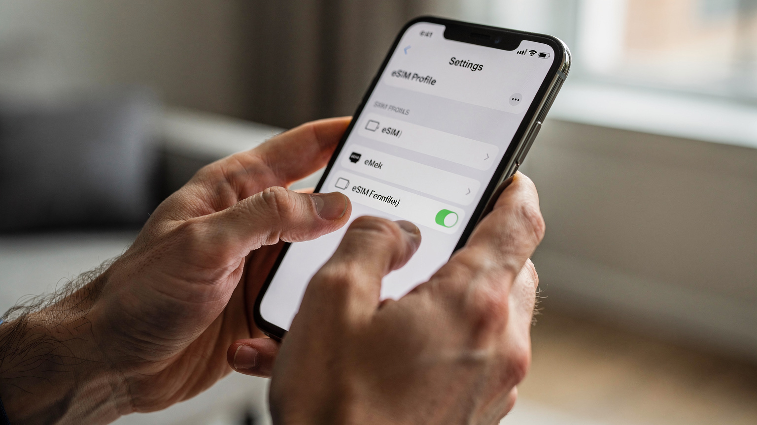 Een close-up van volwassen handen die een mobiele telefoon vasthouden en zorgvuldig door een menu scrollen om een eSIM-profiel te selecteren in de instellingen, met de focus op de vingers en de bovenkant van de telefoon, in een heldere, natuurlijk verlichte kamer.