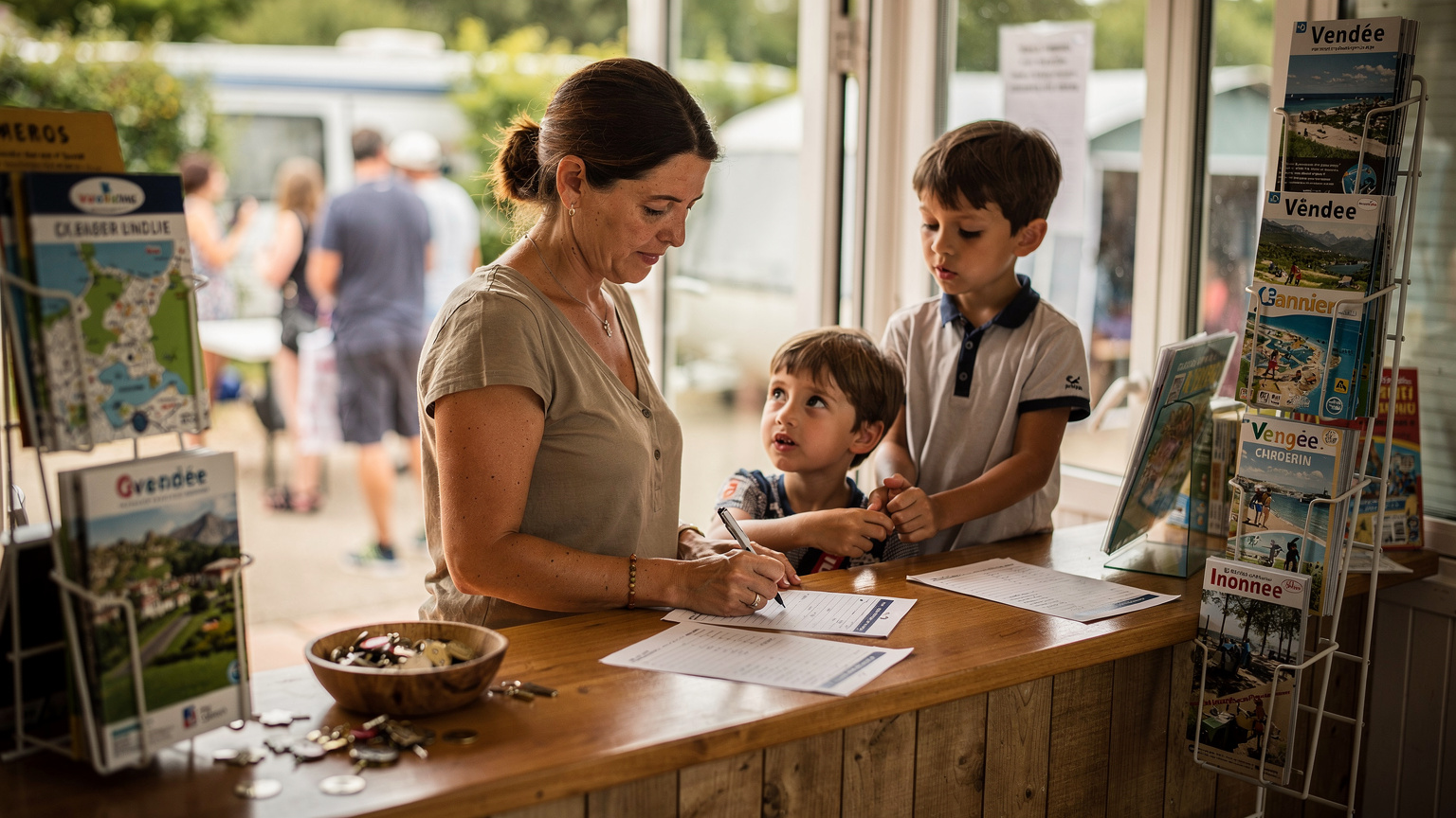 Een hectisch tafereel in de receptie van een Franse camping in de Vendée, waar een moeder met een lichte zucht een formulier invult. Haar twee kinderen, 6 en 9 jaar oud, staan ongeduldig naast haar, terwijl de jongste probeert haar aandacht te trekken door aan haar mouw te trekken, alles in het zachte licht van een late zomermiddag.
