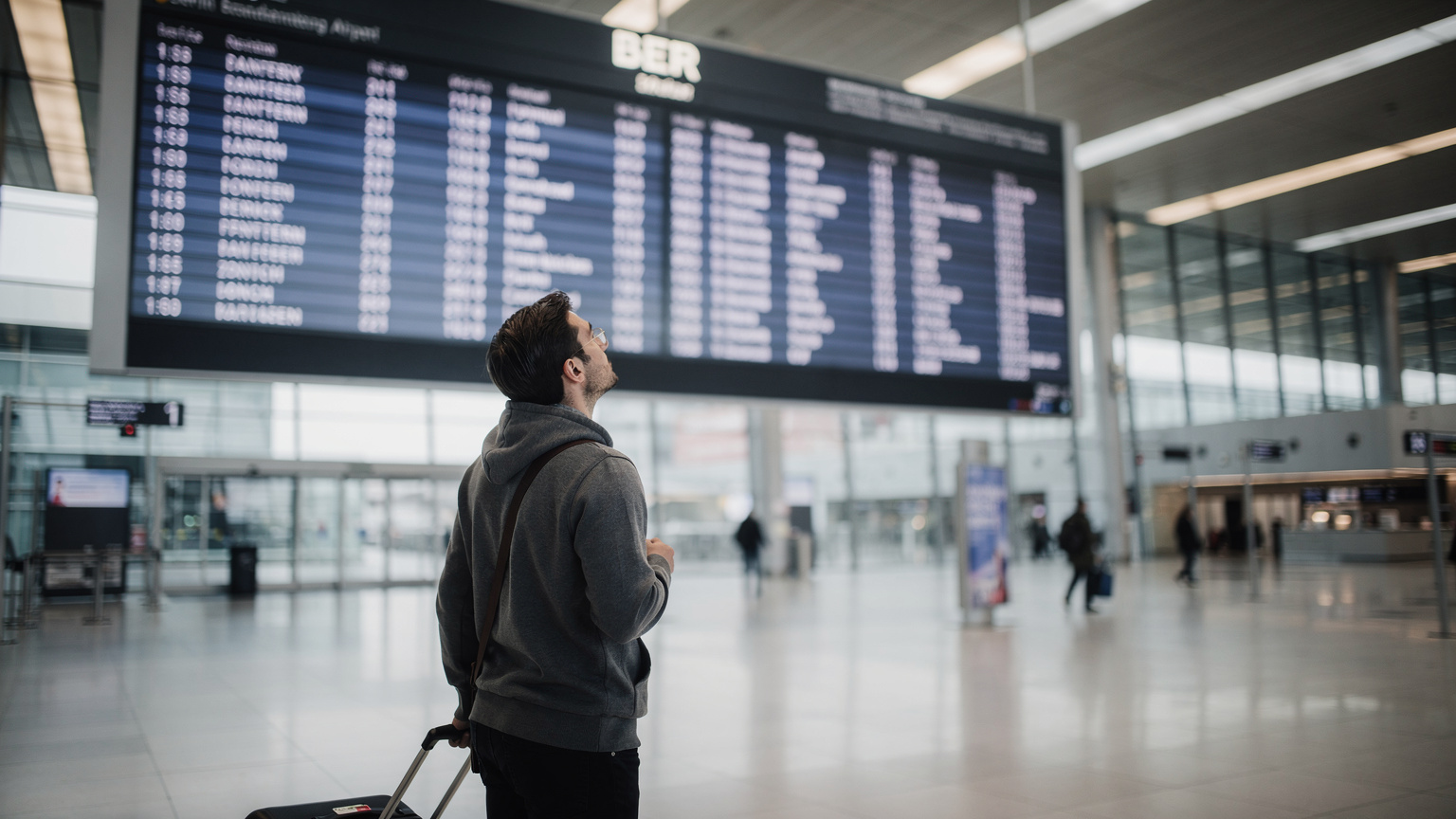 Eine Person steht vor der Anzeigetafel für Abflüge am Flughafen Berlin Brandenburg (BER), der Blick ist leicht besorgt auf die Tafel gerichtet.