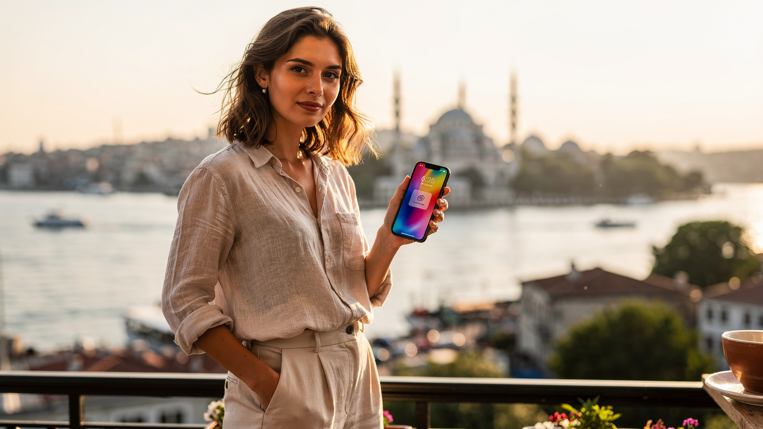 Woman activating eSIM on phone overlooking Bosphorus, Istanbul, with Süleymaniye Mosque in background.