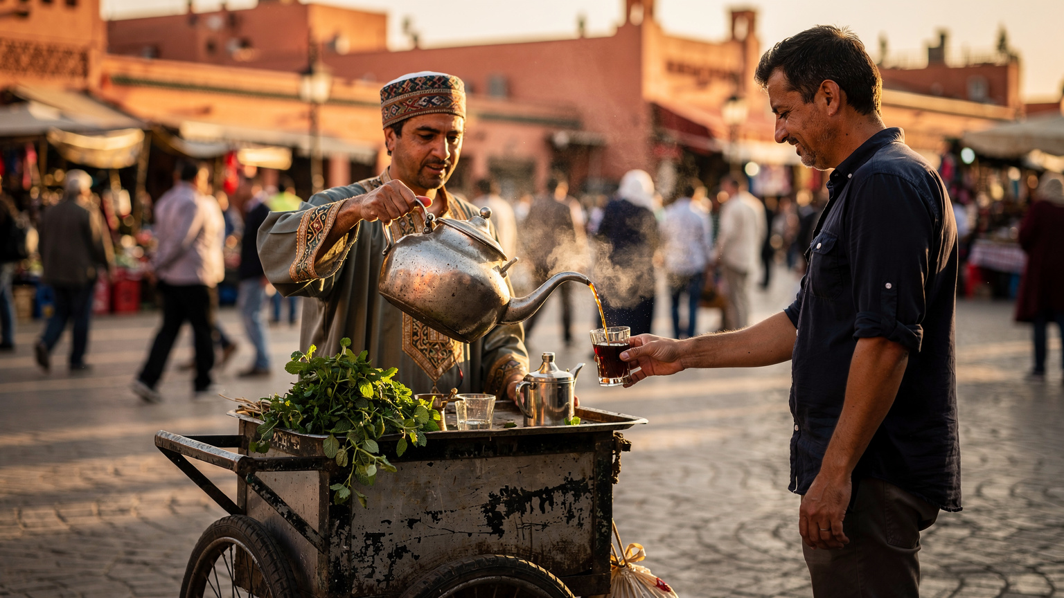 Vendedor de chá de menta numa rua perto da Praça Jemaa el-Fna, com a multidão ao fundo e a luz da tarde a criar sombras