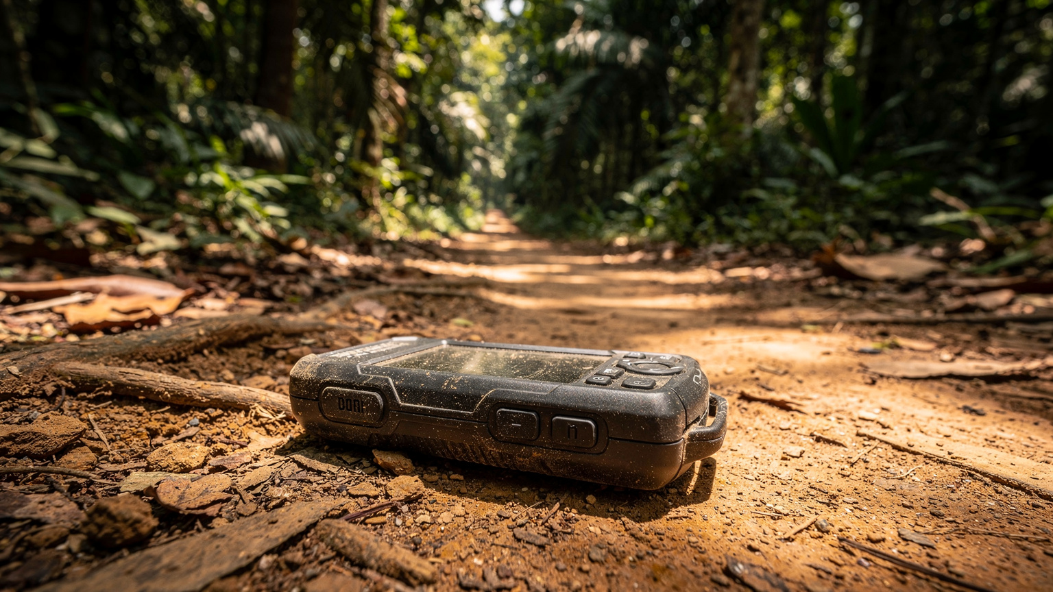 A weathered, rugged GPS tracker lying on a dirt path in a remote forested area with dappled sunlight.