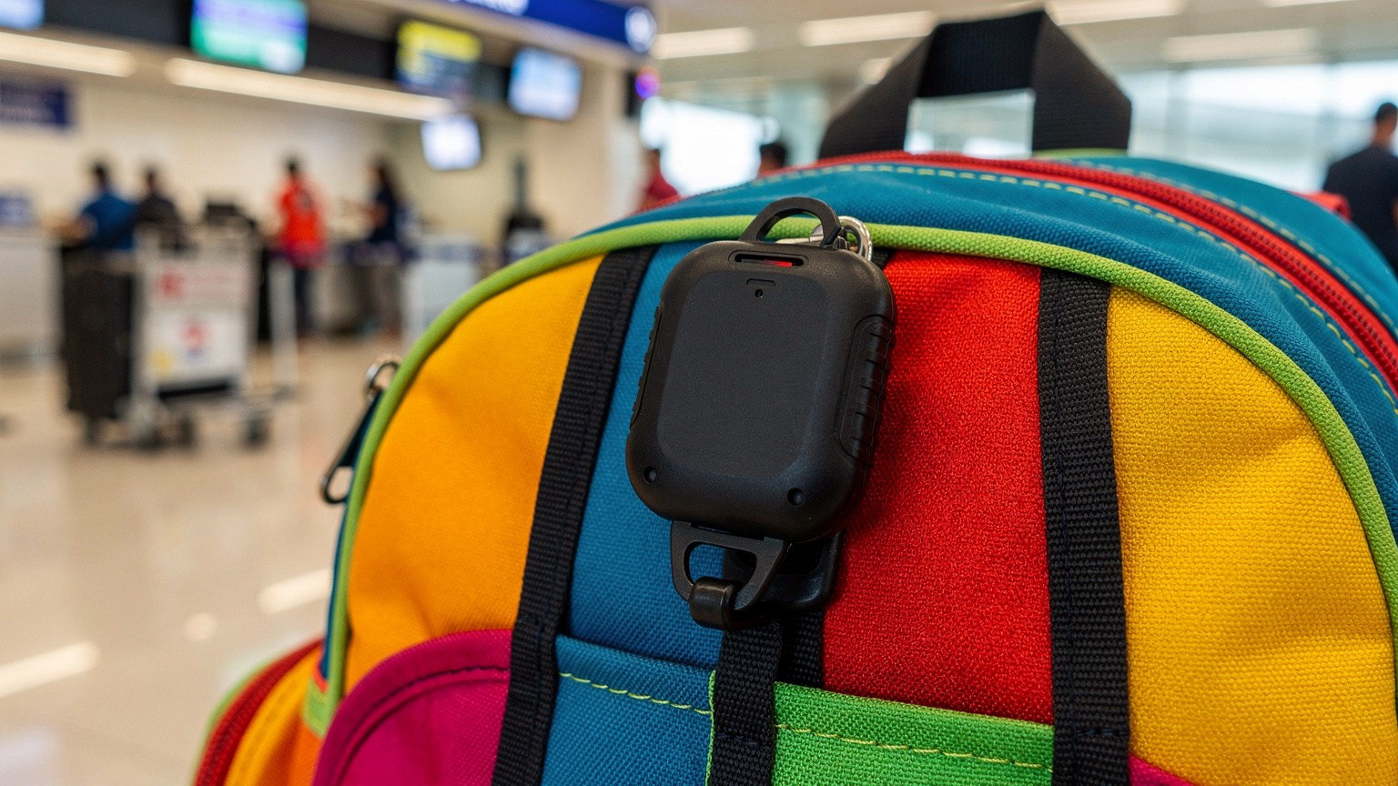 A child's backpack with a small, discreet GPS tracker clipped to a strap, against a blurred airport terminal background.