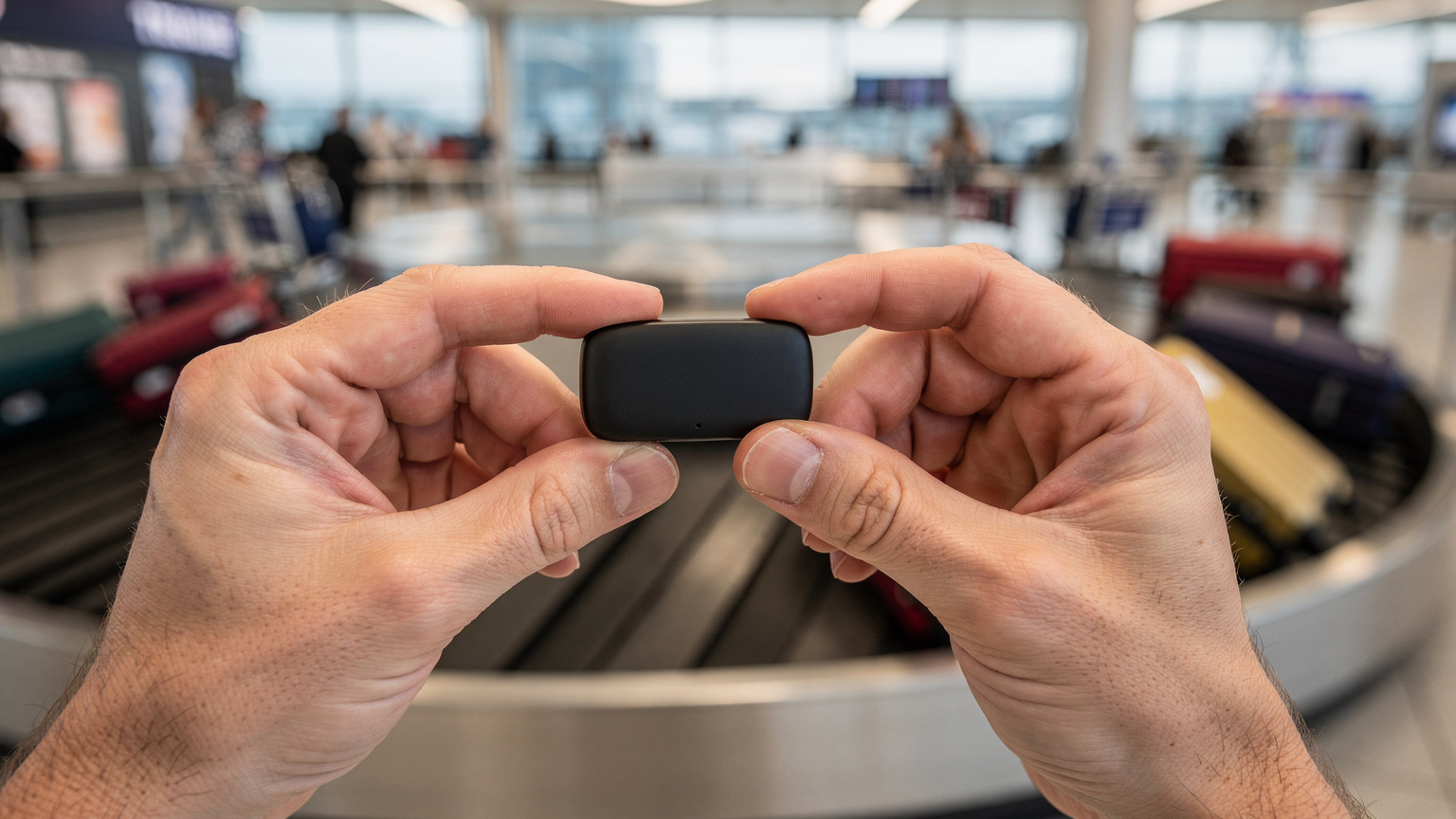 A person's hands holding a compact eSIM-enabled GPS tracker, with an airport baggage claim carousel blurred in the background.