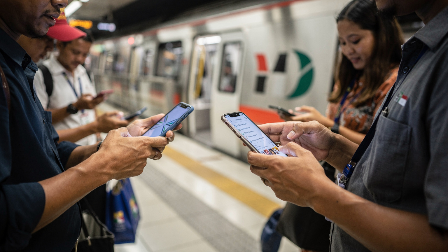 Cakarta'daki Bundaran HI metro istasyonunda bir trene binen veya trenden inen insanların ellerini ve telefonlarını gösteren yakın çekim.