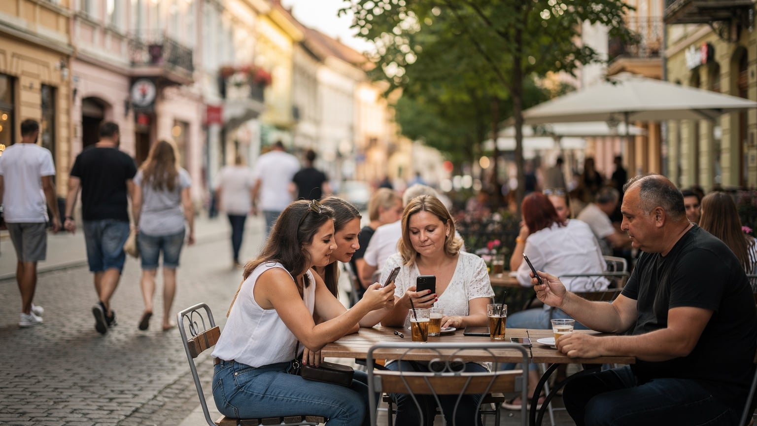 Eine belebte Fußgängerzone in Novi Sad, Serbien, wo Menschen entspannt schlendern und die Cafés gut besucht sind. Der Fokus liegt auf den Menschen, die ihre Smartphones in der Hand halten, um sich zurechtzufinden oder Fotos zu machen.