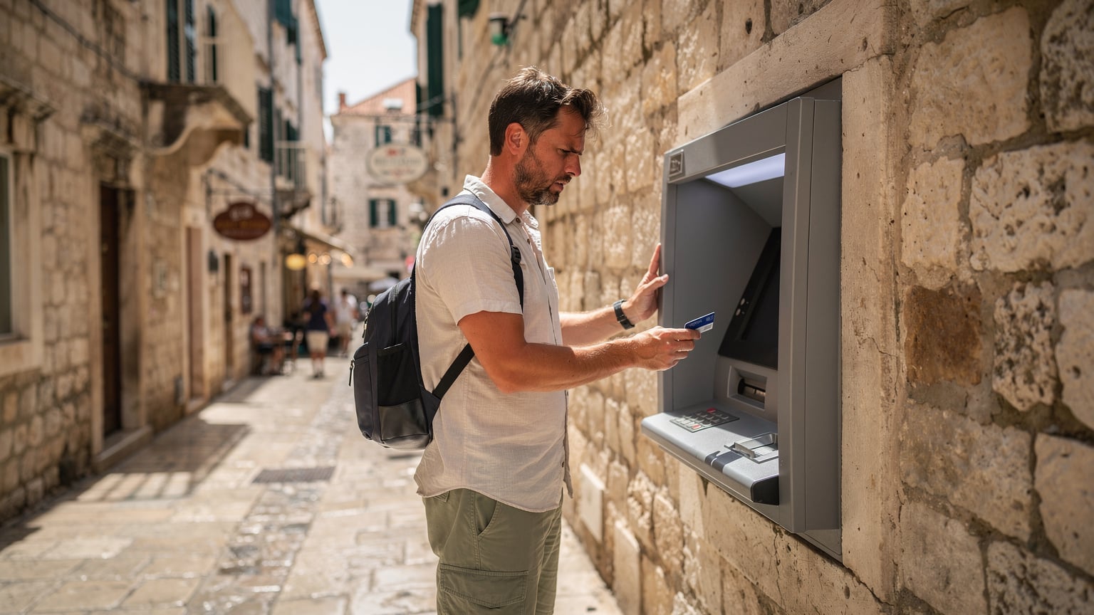 Ein Reisender steht an einem Geldautomaten in der Altstadt von Dubrovnik, Kroatien, umgeben von alten Steingebäuden. Er blickt auf den Bildschirm des Automaten, leicht besorgt, während er mit seiner Karte hantiert.