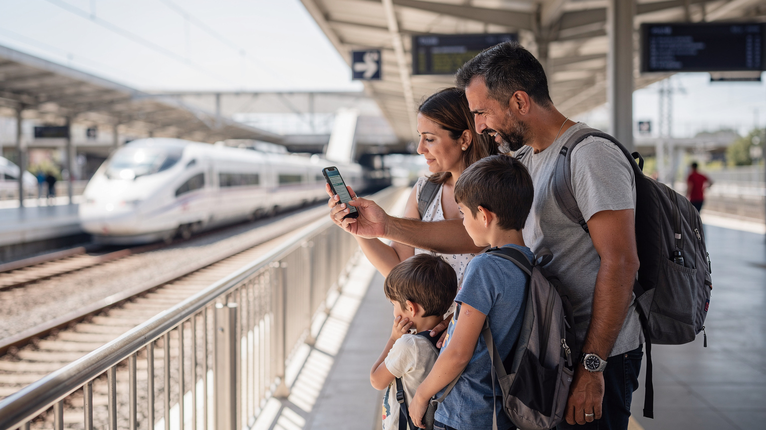 Yaz güneşinin aydınlattığı geniş bir tren istasyonunun platformunda, bir aile hızlı bir trenin gelmesini beklerken, babanın telefonundan tren saatlerini kontrol ettiği an.