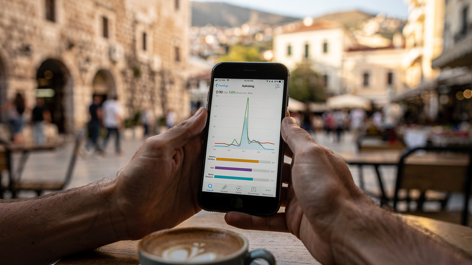 A person holds a phone displaying a mobile data usage graph, showing a clear spike in usage, in a sunlit outdoor cafe in Athens' Monastiraki square.