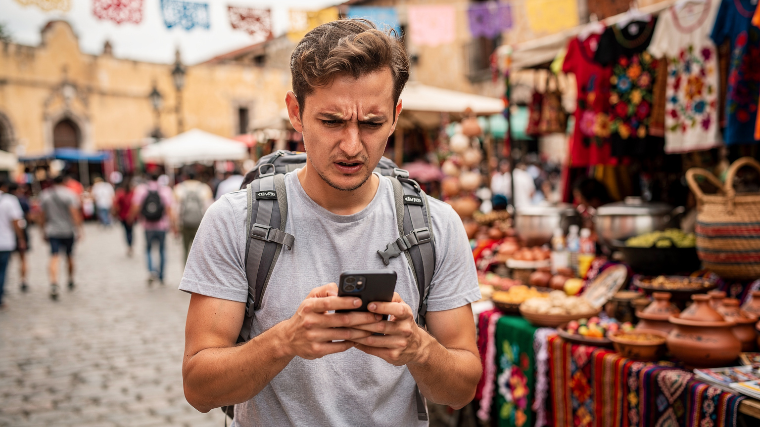 A traveler, frustrated, attempts to use a slow phone connection in a bustling market square filled with people and street vendors in Oaxaca, Mexico.