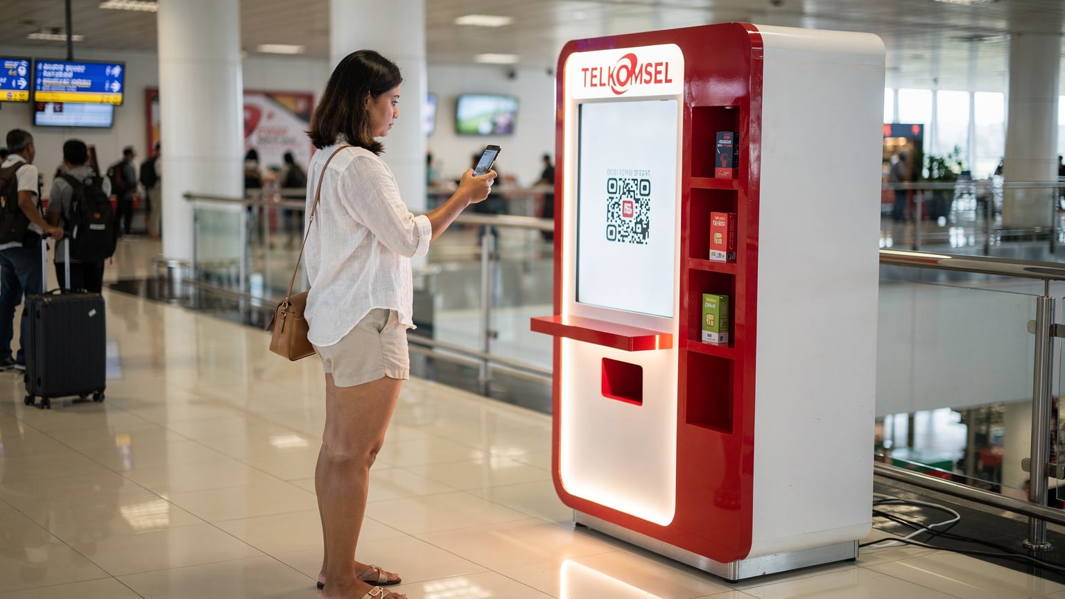 A traveller using their phone to scan a QR code at a small, brightly lit Telkomsel kiosk inside Ngurah Rai International Airport (DPS) in Denpasar, Bali, surrounded by other arriving passengers and their luggage.