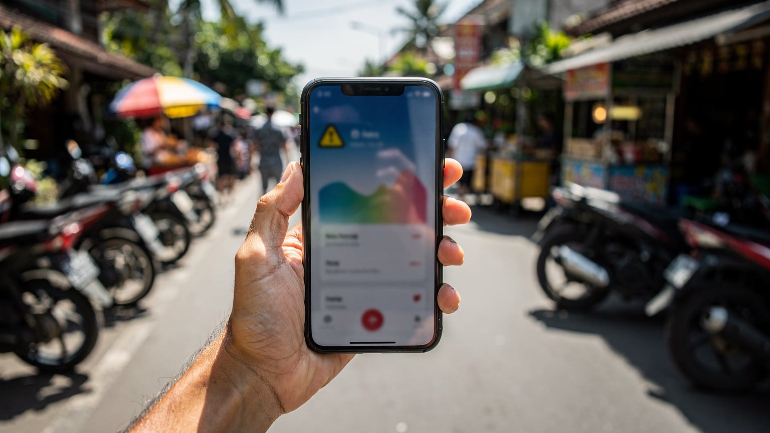 A person's hand holding a smartphone at eye level, showing a blurry screen with a data usage graph, indicating low data. The background is a bustling street scene in Legian, Bali, with motorbikes and street vendors.