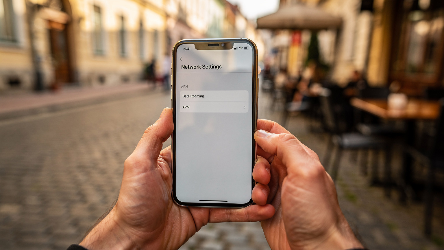 O persoană ține un telefon mobil cu o interfață minimalistă, afișând setările de rețea, în timp ce pe fundal se zărește o terasă animată dintr-un cartier vechi din București.