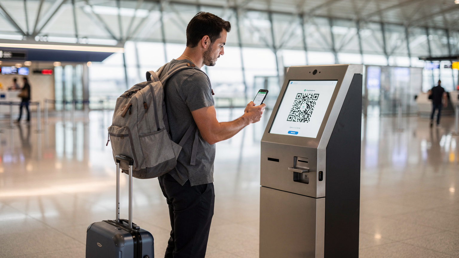 Un călător folosește un telefon mobil pentru a scana un cod QR la un ghișeu de check-in dintr-un aeroport modern, cu un rucsac de călătorie pe umăr și alte bagaje lângă el.