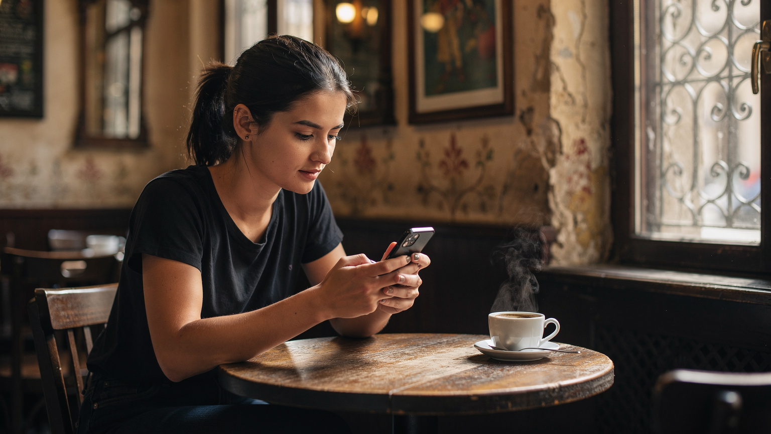 O tânără călătoare verifică cu atenție ecranul telefonului său, într-un colț liniștit al unei cafenele din centrul vechi al Bucureștiului, lângă o fereastră cu geamuri vechi, cu o cafea aburindă pe masă.